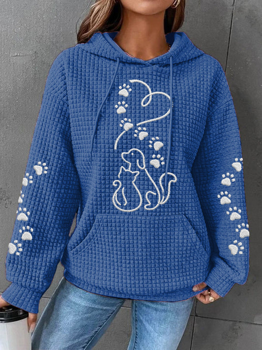 Women's Dog And Cat Love Heart Print Casual Waffle Hoodie