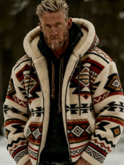 Men's Winter Aztecs Geometric Art Plush Warm Zip-Up Hooded Jacket