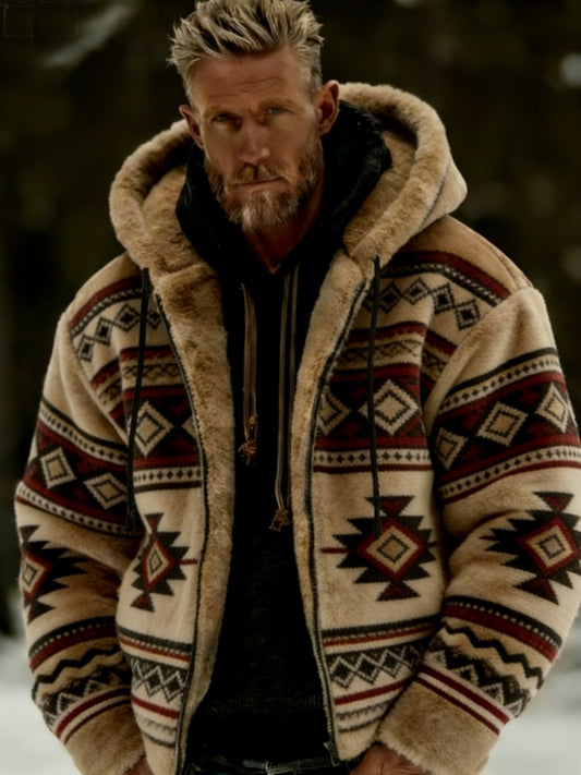 Men's Winter Aztecs Geometric Art Plush Warm Zip-Up Hooded Jacket