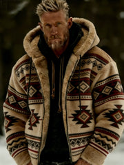 Men's Winter Aztecs Geometric Art Plush Warm Zip-Up Hooded Jacket