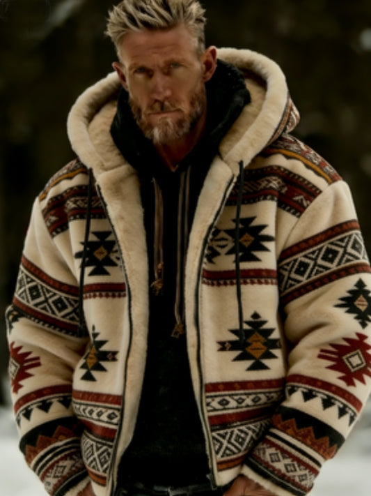 Men's Winter Aztecs Geometric Art Plush Warm Zip-Up Hooded Jacket