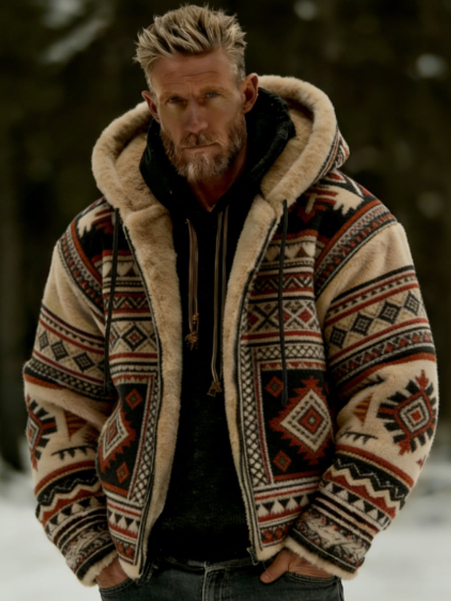 Men's Winter Aztecs Geometric Art Plush Warm Zip-Up Hooded Jacket