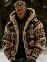 Men's Winter Aztecs Geometric Art Plush Warm Zip-Up Hooded Jacket