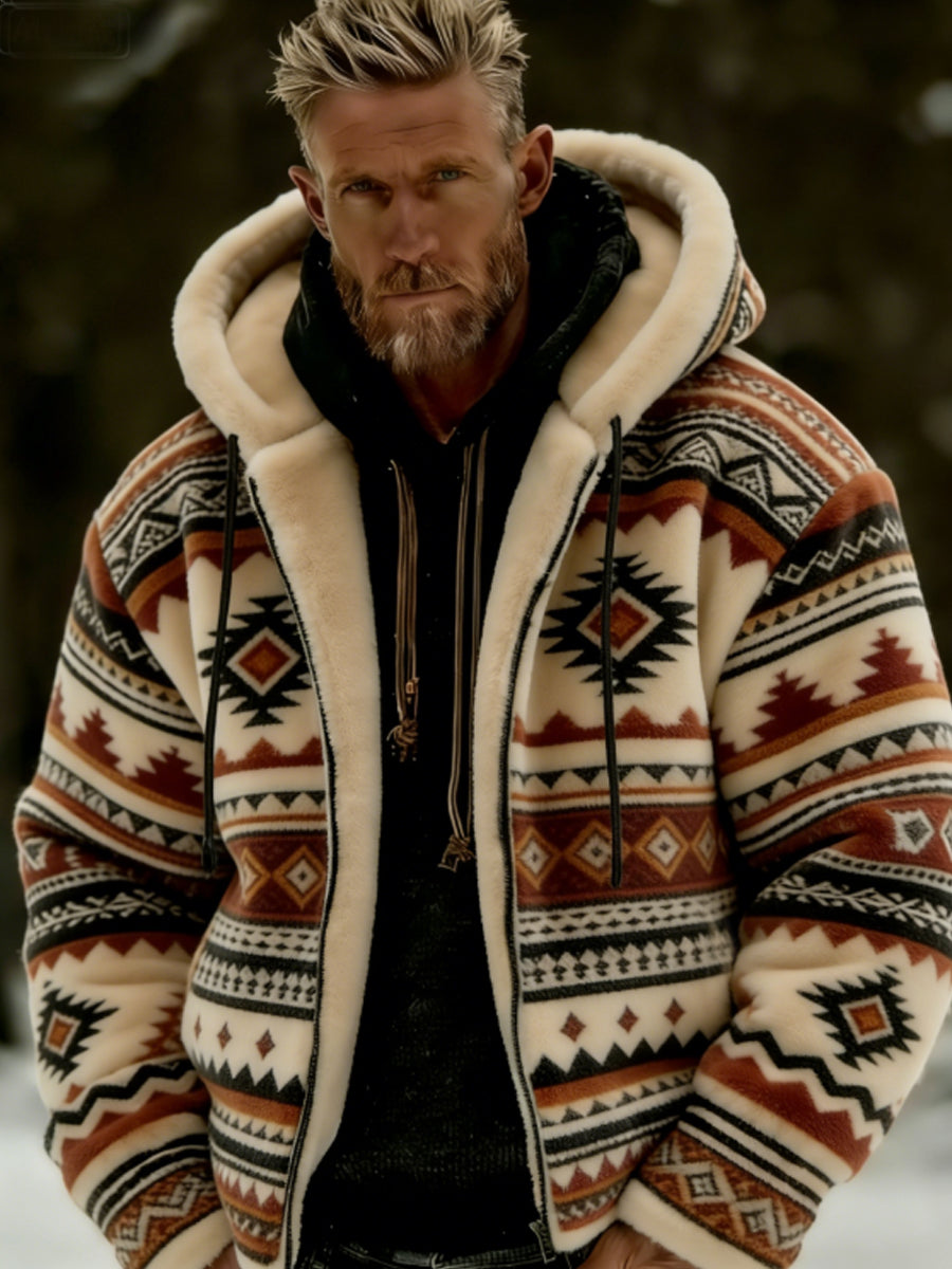Men's Winter Aztecs Geometric Art Plush Warm Zip-Up Hooded Jacket