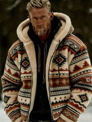 Men's Winter Aztecs Geometric Art Plush Warm Zip-Up Hooded Jacket