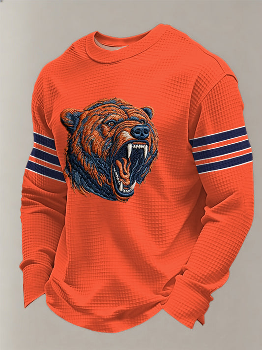 Men's Bear Print Football Fans Gameday Casual Waffle Long Sleeve T-Shirt