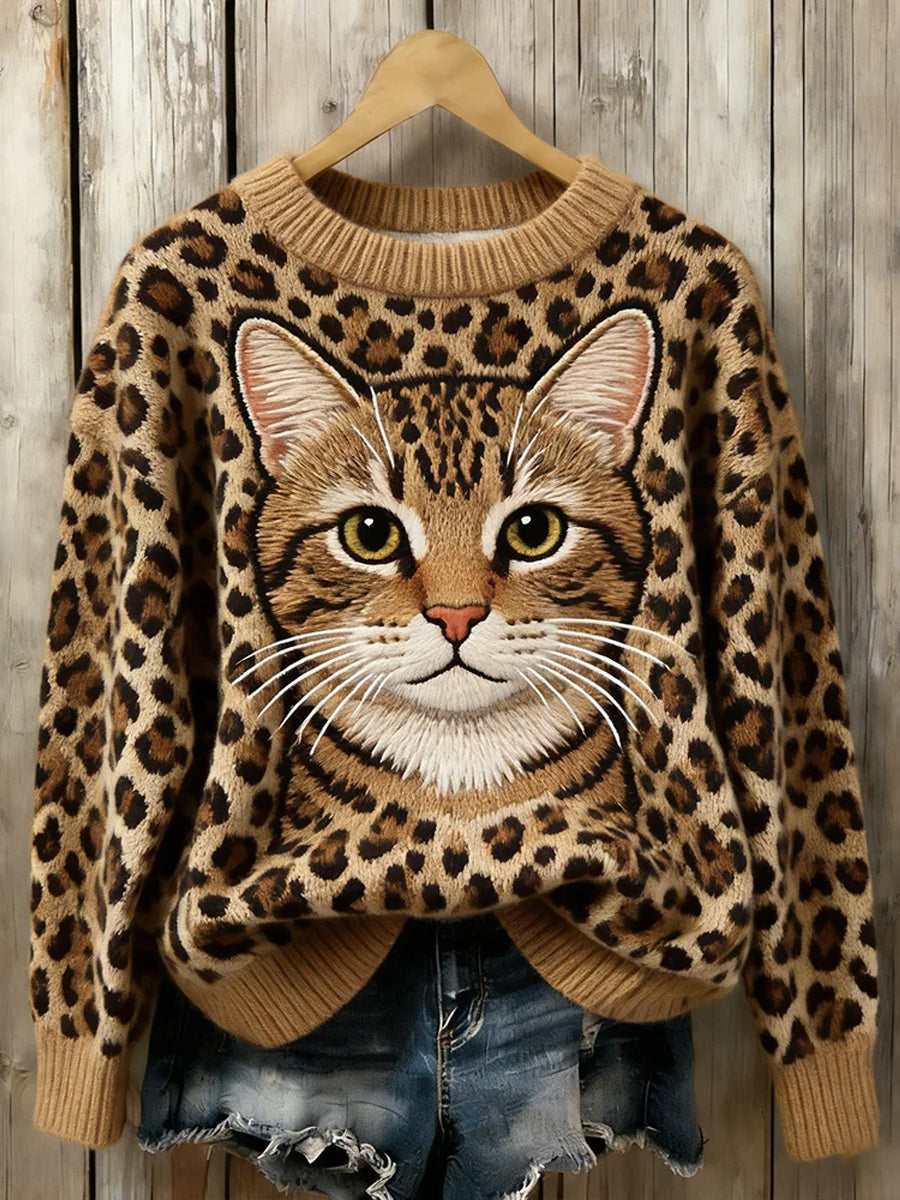 Women's Cute Cat Art Crew Neck Sweater