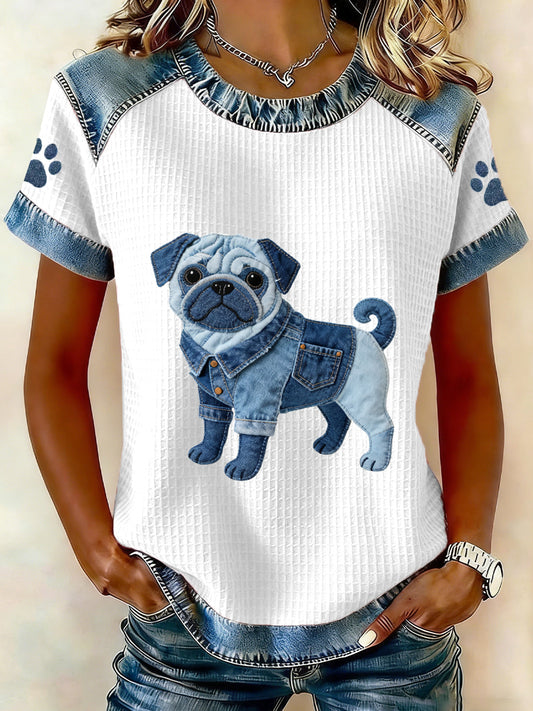 Women's Lovely Pug Pattern Denim Patchwork Top