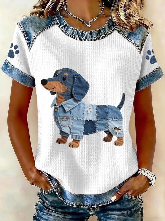 Women's Lovely Dachshund Pattern Denim Patchwork Top