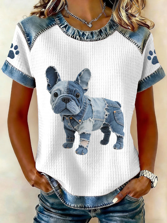 Women's Lovely French Bulldog Pattern Denim Patchwork Top
