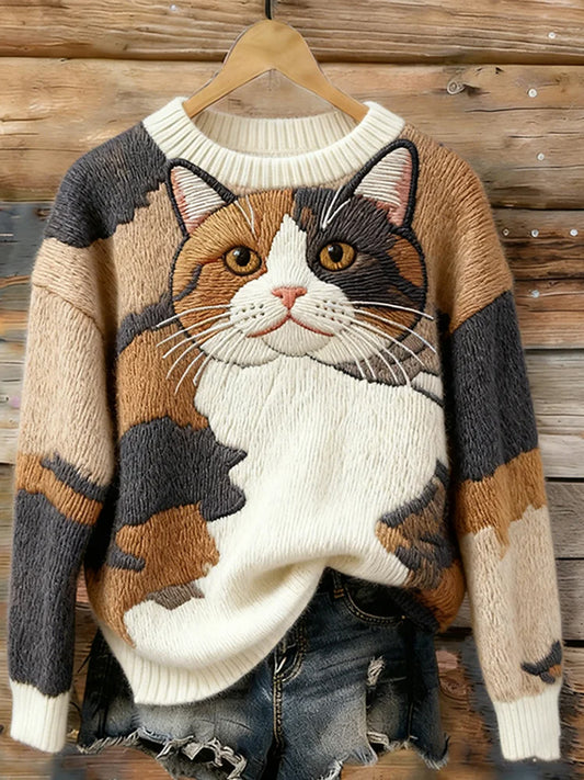 Women's Cute Cat Art Crew Neck Sweater