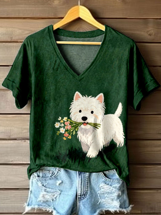 Women's Cute West Highland White Terrier Art Print V-Neck T-Shirt