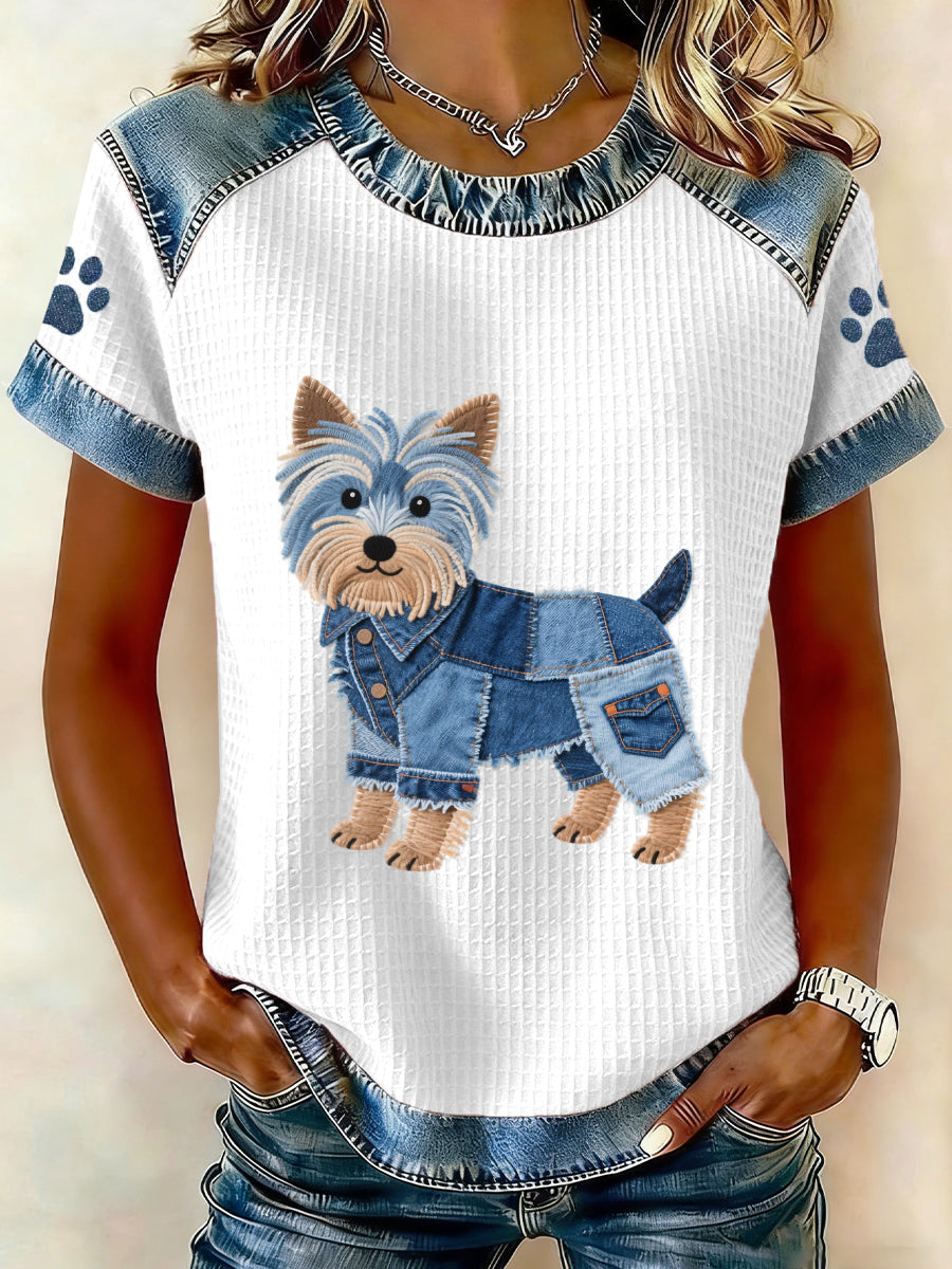 Women's Lovely Yorkshire Terrier Pattern Denim Patchwork Top