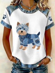 Women's Lovely Yorkshire Terrier Pattern Denim Patchwork Top