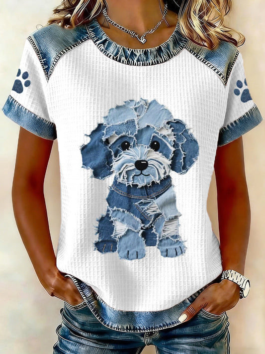 Women's Lovely Dog Pattern Denim Patchwork Top