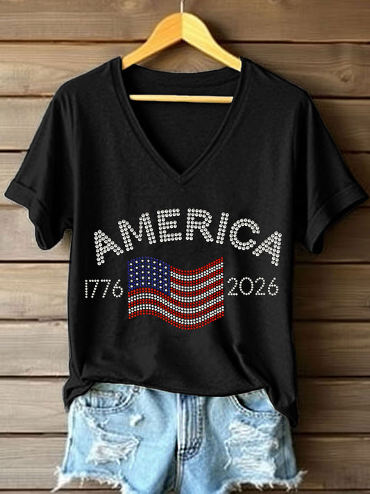 Women's American 1776-2026 Rhinestone Pattern V-Neck T-Shirt