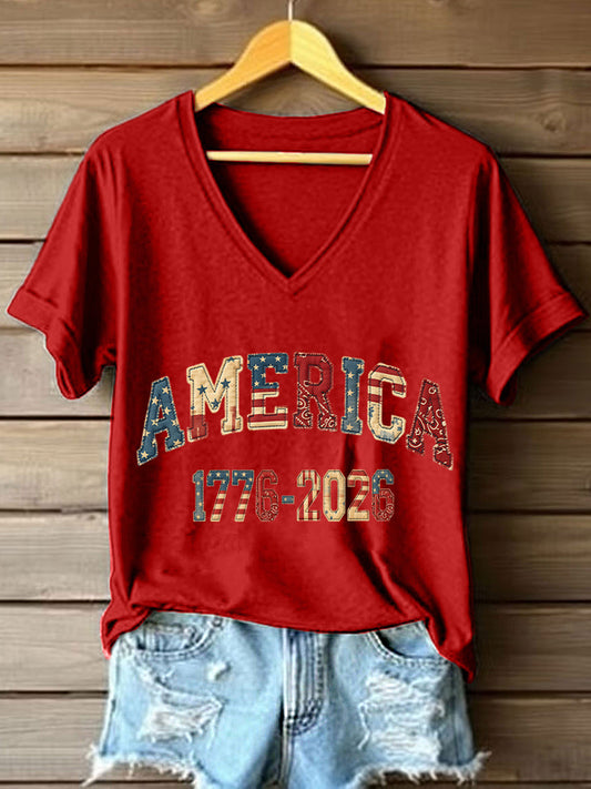 Women's America 1776-2026 Patchwork Pattern V-Neck T-Shirt