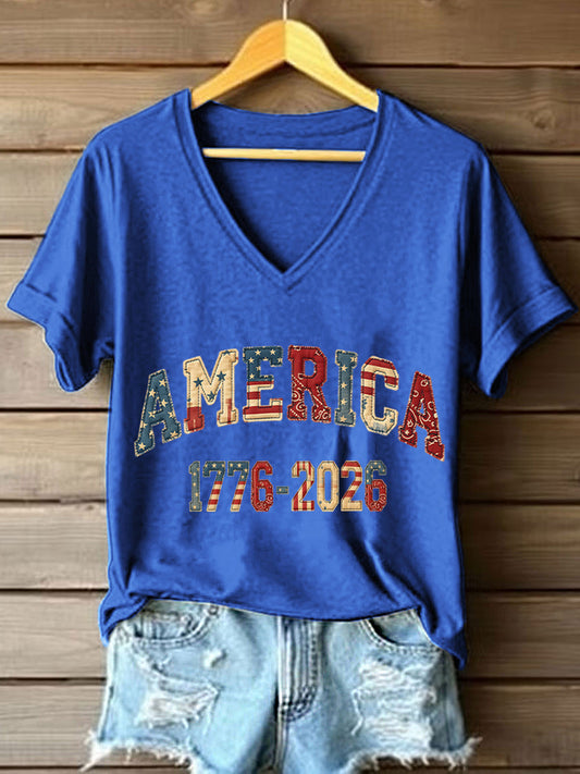 Women's America 1776-2026 Patchwork Pattern V-Neck T-Shirt