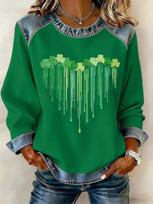 Women's St. Patrick's Day Printed Denim Patchwork Sweatshirt