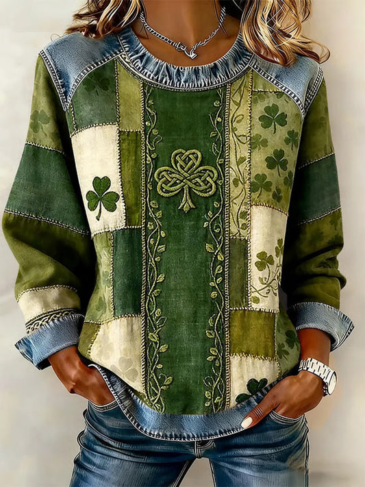 Women's St. Patrick's Day Printed Denim Patchwork Sweatshirt