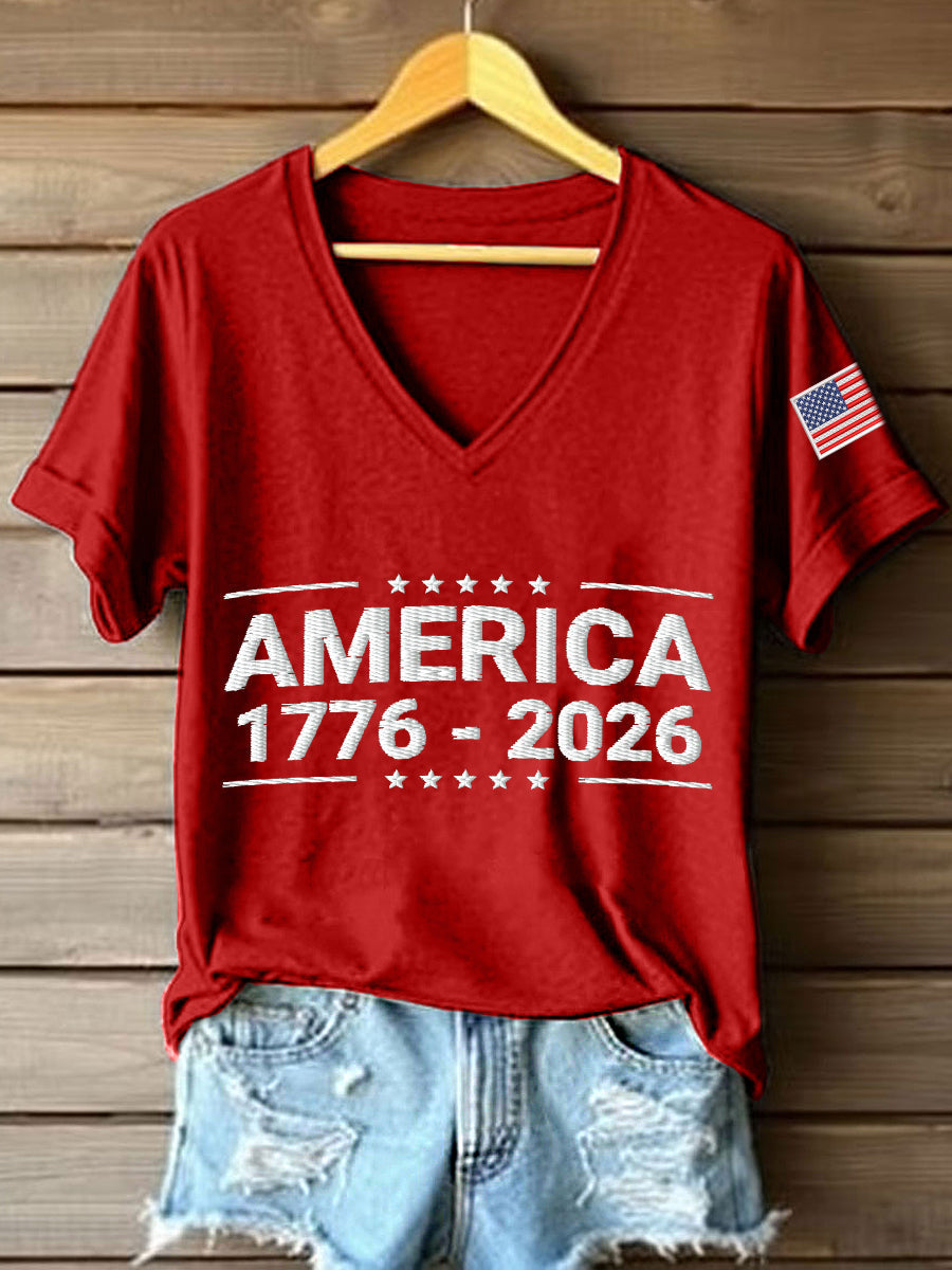 Women's America 1776-2026 Embroidery Pattern V-Neck T-Shirt