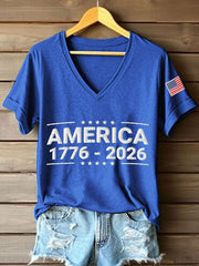 Women's America 1776-2026 Embroidery Pattern V-Neck T-Shirt