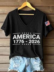 Women's America 1776-2026 Embroidery Pattern V-Neck T-Shirt