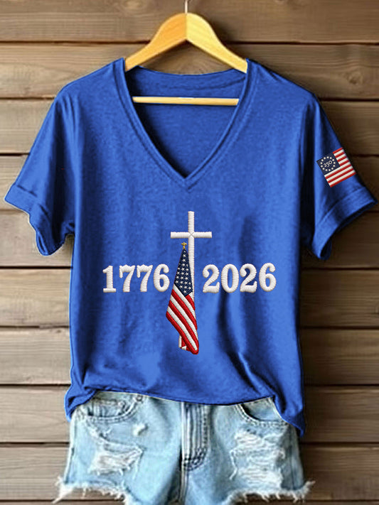 Women's 250th Anniversary Embroidered V-Neck T-Shirt