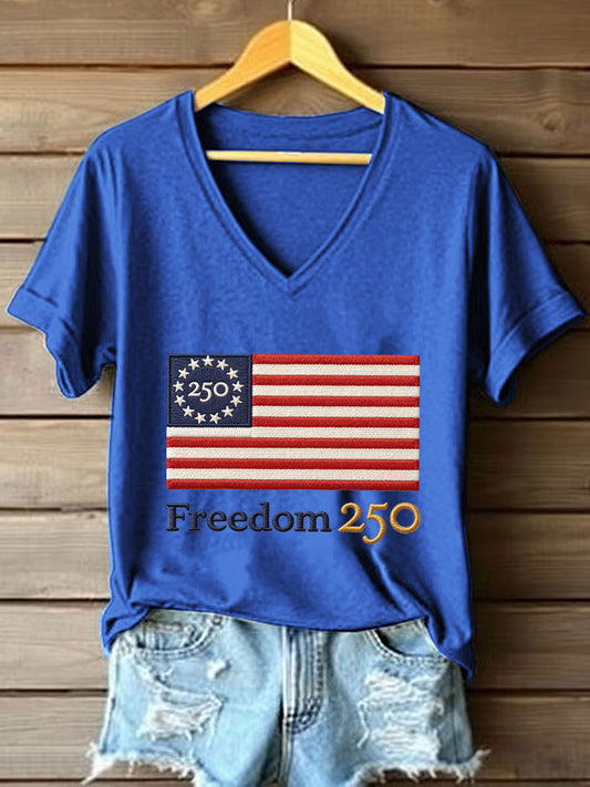 Women's Freedom 250th Anniversary Embroidered V-Neck T-Shirt