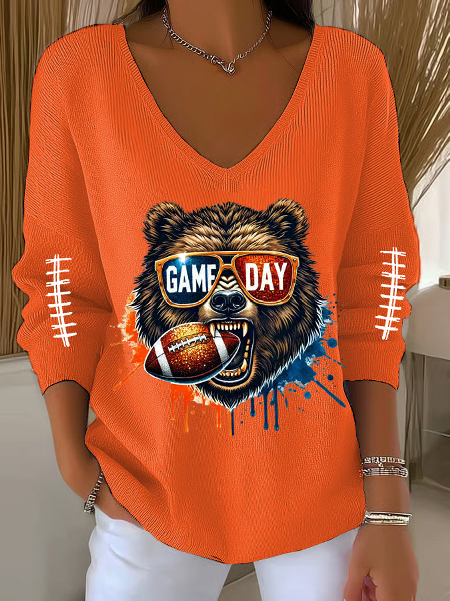 Women's Football Fans Lovers Gameday V-Neck Ribbed Top