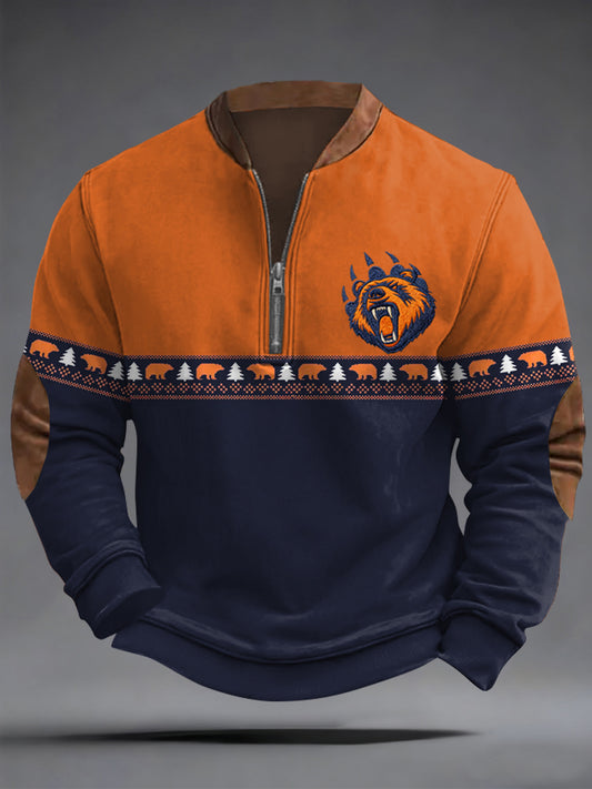 Men's Bear Print Football Fans Gameday Casual Zipper Sweatshirt