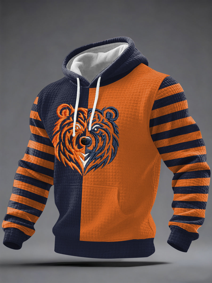 Men's Bear Print Football Fans Gameday Casual Checkered Hoodie