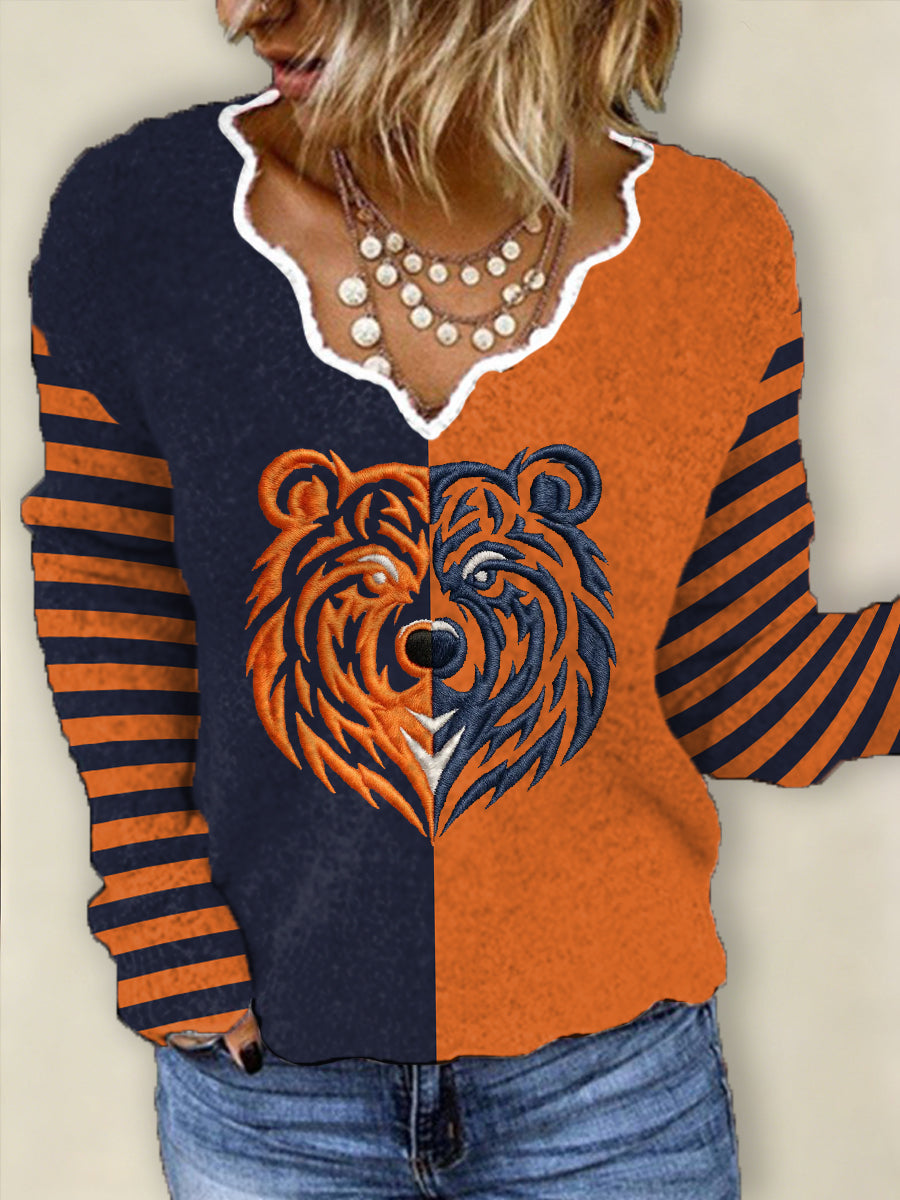 Women's Bear Print Football Fans Gameday Casual V-Neck Top