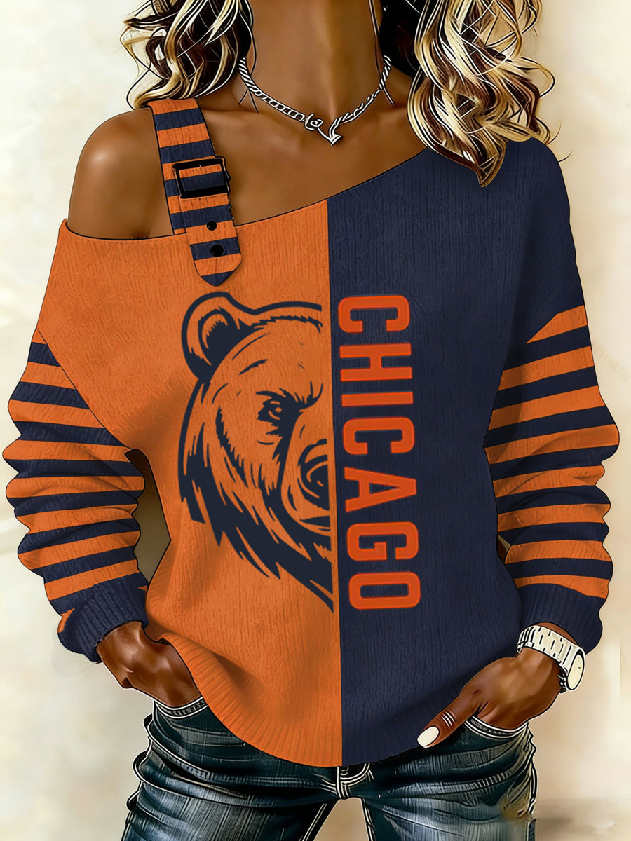 Women's Bear Print Football Fans Gameday Casual Off-Shoulder Top