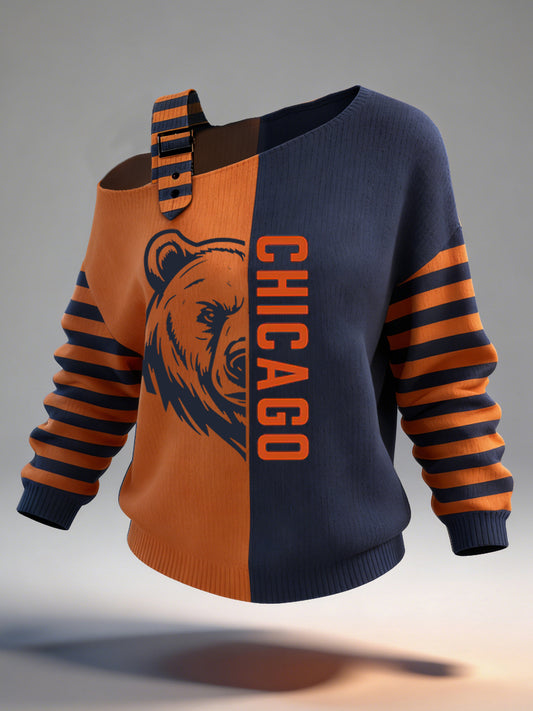 Women's Bear Print Football Fans Gameday Casual Off-Shoulder Top