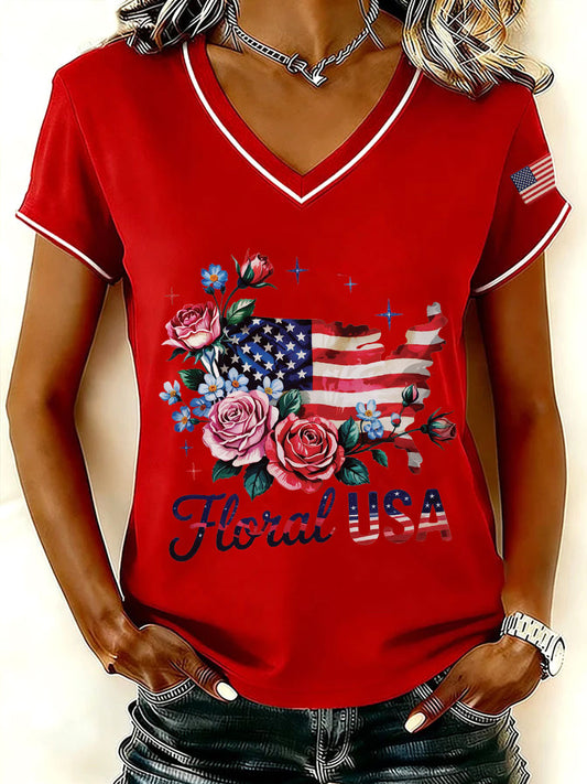 Women's Floral USA V-Neck T-Shirts