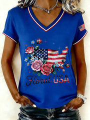 Women's Floral USA V-Neck T-Shirts