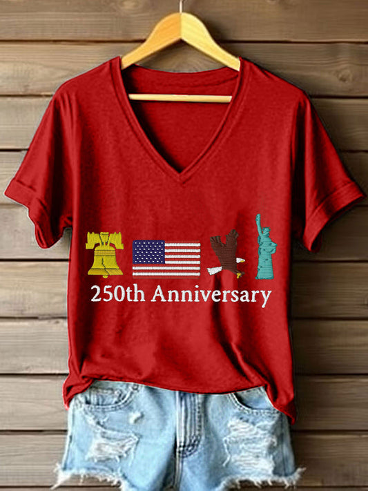 Women's 250th Anniversary Embroidery Pattern V-Neck T-Shirt