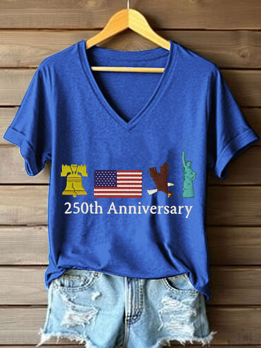 Women's 250th Anniversary Embroidery Pattern V-Neck T-Shirt