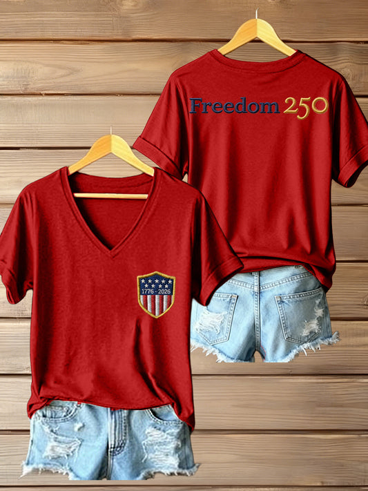 Women's 250th Anniversary Embroidery Pattern V-Neck T-Shirt