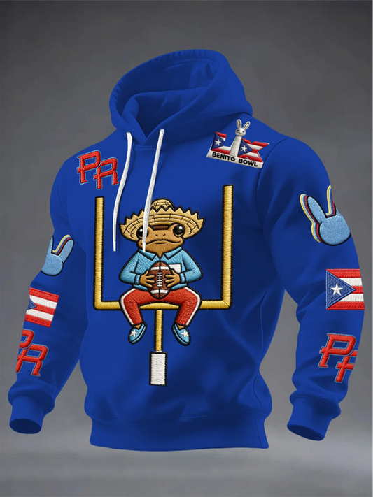 Men's Bunny Football Music Lover Printed Oversized Drop-Shoulder Hoodie with Pockets