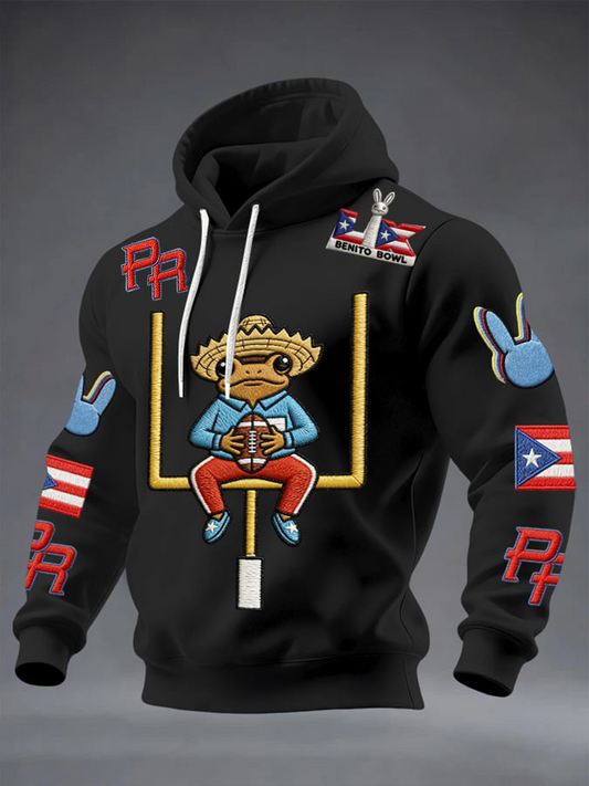 Men's Bunny Football Music Lover Printed Oversized Drop-Shoulder Hoodie with Pockets