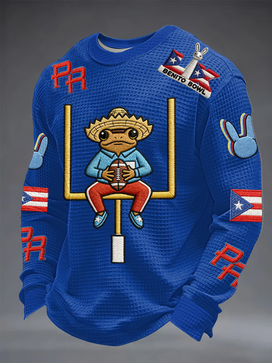 Men's Bunny Football Music Lover Printed Waffle Long Sleeve Top