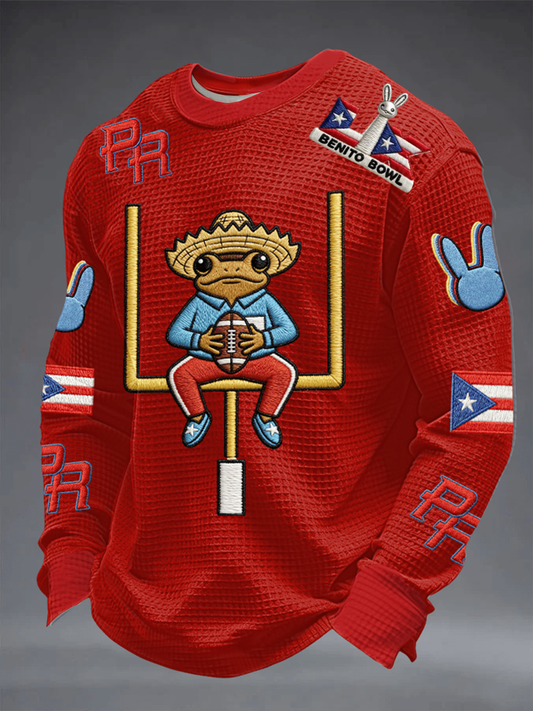 Men's Bunny Football Music Lover Printed Waffle Long Sleeve Top