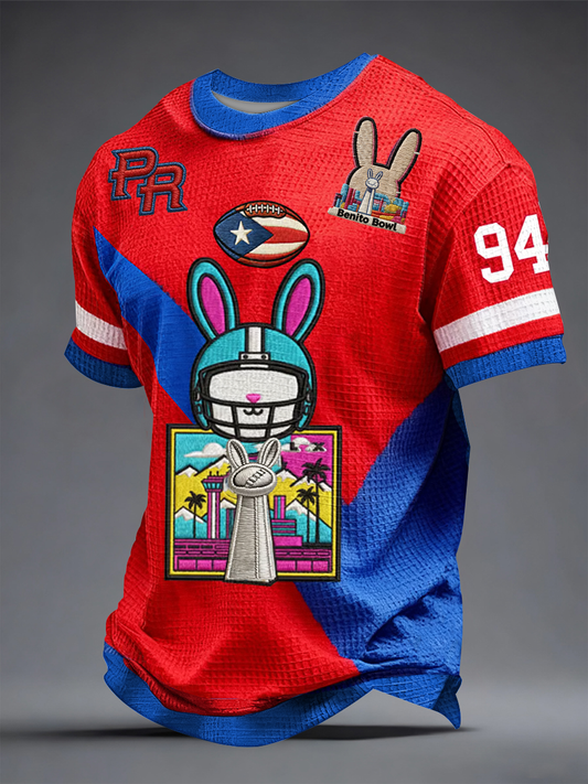 Men's Bunny Football Music Lover Printed Waffle Short Sleeve
