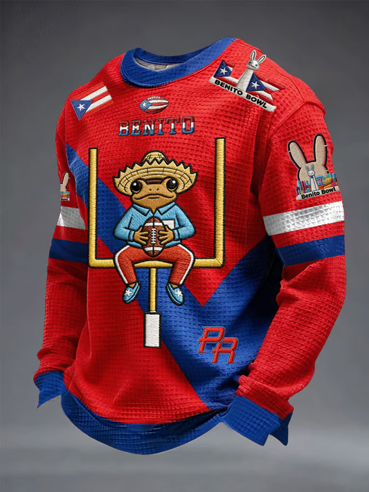 Men's Bunny Football Music Lover Printed Waffle Long Sleeve Top