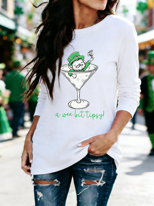 Women's Funny St Patrick's Day A Wee Bit Tipsy! Shamrock Print Casual Long Sleeve T-Shirt