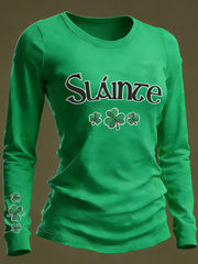 Women's St Patrick's Day Slainte Shamrocks Print Casual Long Sleeve T-Shirt