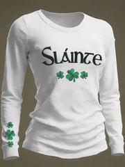 Women's St Patrick's Day Slainte Shamrocks Print Casual Long Sleeve T-Shirt