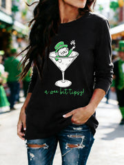 Women's Funny St Patrick's Day A Wee Bit Tipsy! Shamrock Print Casual Long Sleeve T-Shirt